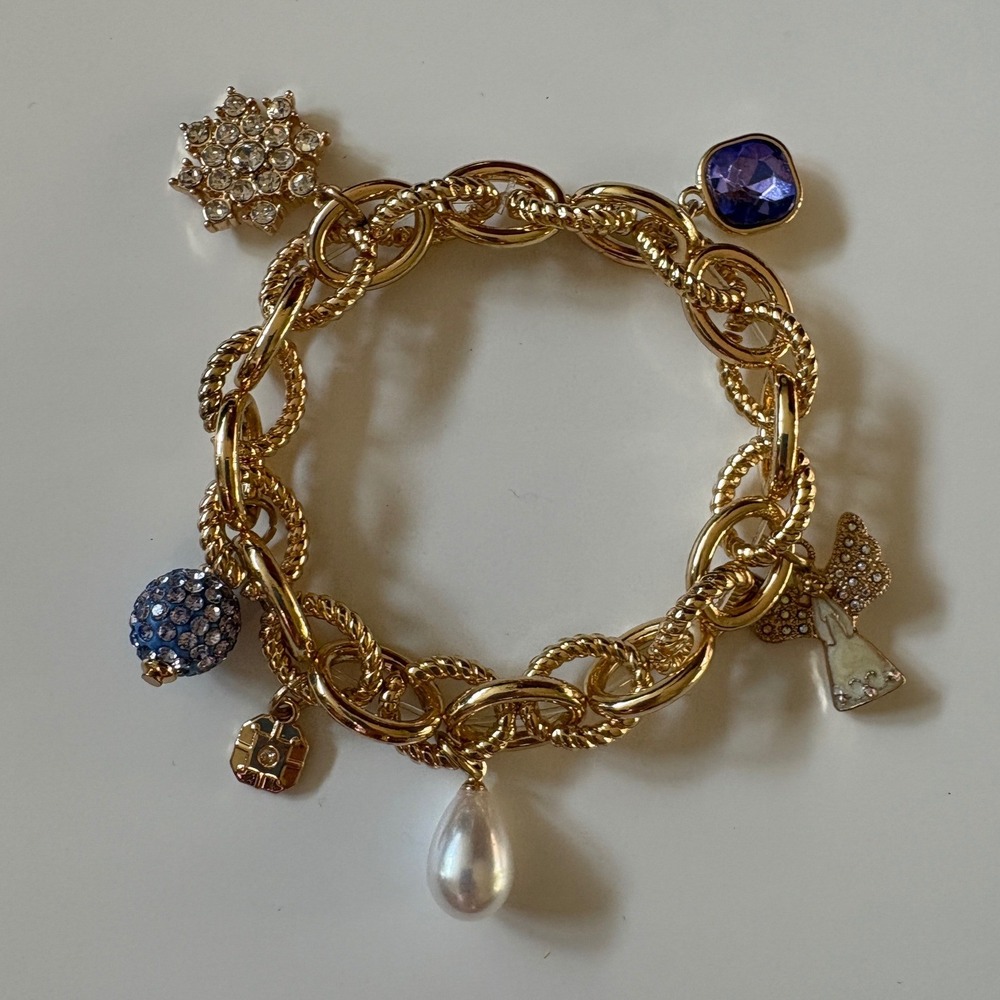 Monet Gold Tone Chunky Link Charm Bracelet Snowflake Angel Pearl Purple Crystal